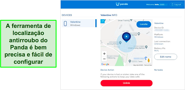 Captura de tela da ferramenta de localiza&ccedil;&atilde;o antirroubo do Panda detectando a localiza&ccedil;&atilde;o precisa de um dispositivo protegido