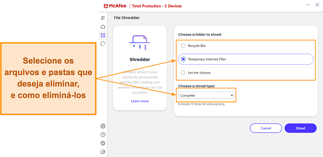 Especificando as op&ccedil;&otilde;es de fragmenta&ccedil;&atilde;o no McAfee File Shredder