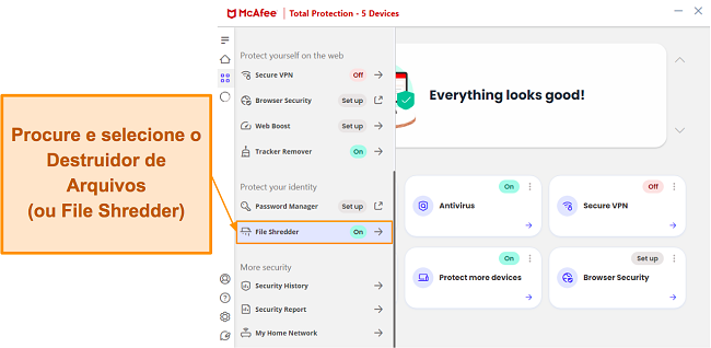 Abrindo o File Shredder no aplicativo da McAfee