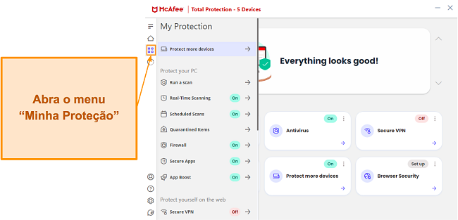 Menu Minha prote&ccedil;&atilde;o no aplicativo Windows da McAfee