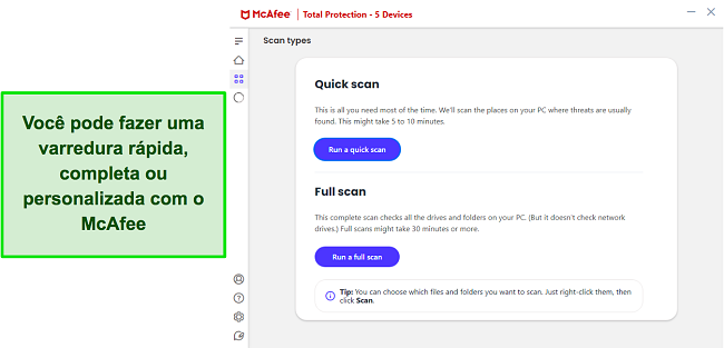 Captura de tela das v&aacute;rias op&ccedil;&otilde;es de verifica&ccedil;&atilde;o da McAfee