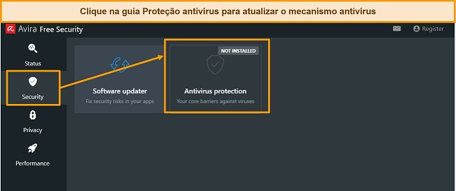Captura de tela mostrando como atualizar o mecanismo antimalware Avira