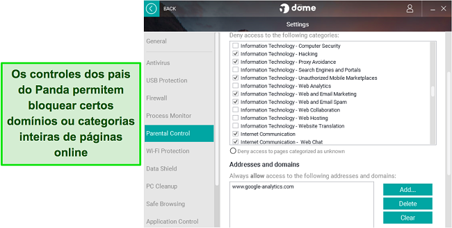 Captura de tela das configura&ccedil;&otilde;es de controle dos pais do Panda