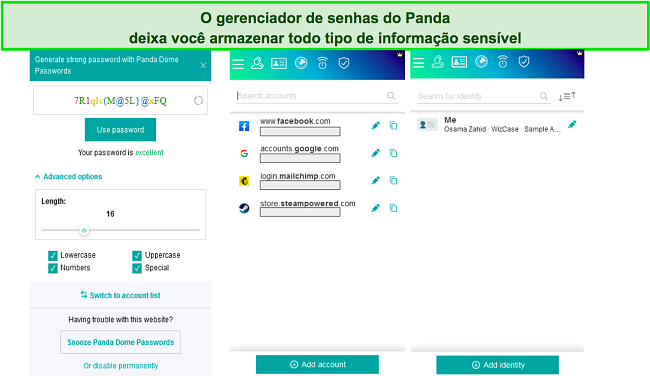 Captura de tela de v&aacute;rios menus do gerenciador de senhas do Panda