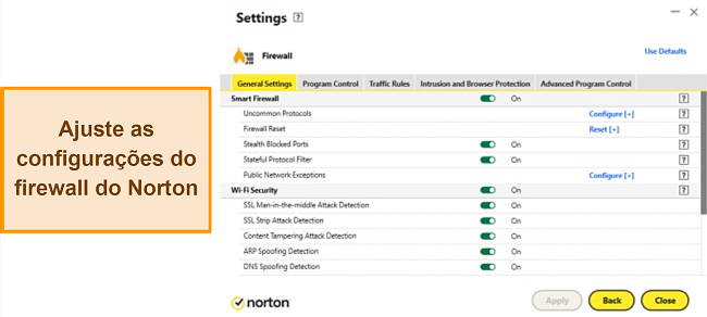 Imagem das configura&ccedil;&otilde;es do firewall Norton