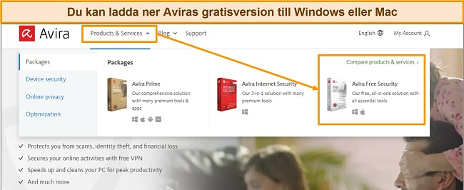 Sk&auml;rmdump av Aviras gratis nedladdningsknapp