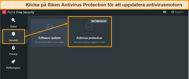 Sk&auml;rmdump som visar hur man uppdaterar Aviras anti-malware-motor