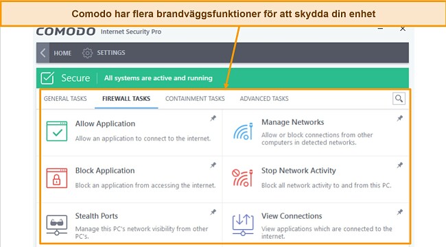 Sk&auml;rmdump av fliken Comodo-brandv&auml;ggsuppgifter