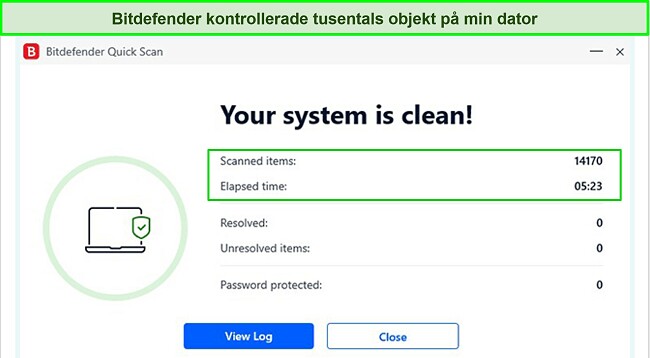 Sk&auml;rmdump av Bitdefenders snabbs&ouml;kningsresultat
