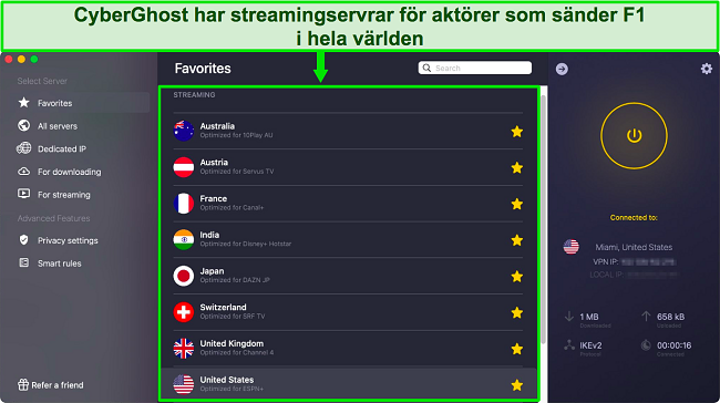 Sk&auml;rmdump av CyberGhost-appen som visar streamingoptimerade servrar f&ouml;r officiella F1 Grand Prix-t&auml;vlingss&auml;ndare