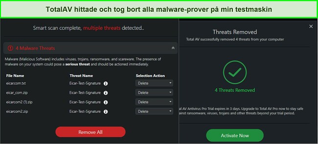 Sk&auml;rmdump av resultat f&ouml;r borttagning av skadlig programvara fr&aring;n TotalAV