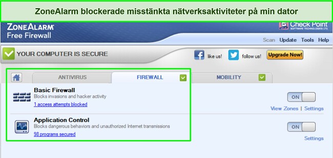 Sk&auml;rmdump av ZoneAlarms brandv&auml;ggsgr&auml;nssnitt