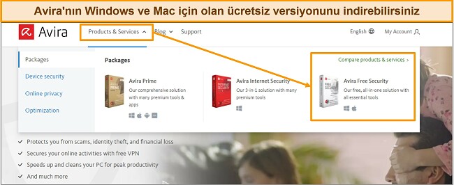 Avira'nın &uuml;cretsiz indirme d&uuml;ğmesinin ekran g&ouml;r&uuml;nt&uuml;s&uuml;