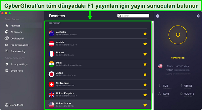 Resmi F1 Grand Prix yarış yayıncıları i&ccedil;in akış i&ccedil;in optimize edilmiş sunucuları g&ouml;steren CyberGhost uygulamasının ekran g&ouml;r&uuml;nt&uuml;s&uuml;