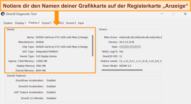 Screenshot des DirectX-Diagnosetools, das die Registerkarte &bdquo;Anzeige&ldquo; hervorhebt, auf der Details zur Grafikkarte angezeigt werden.