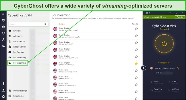 Captura de pantalla de la lista de servidores optimizados para transmisi&oacute;n de CyberGhost