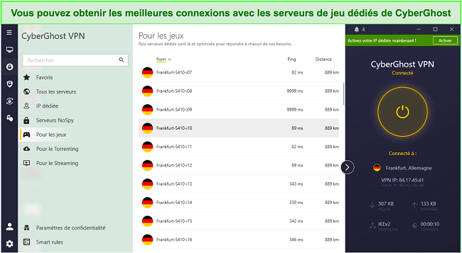 Capture d'&eacute;cran de l'application Windows de CyberGhost mettant en &eacute;vidence ses serveurs de jeu optimis&eacute;s.