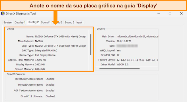 Captura de tela da ferramenta DirectX Diagnostic, destacando a guia Exibir que mostra os detalhes da placa gr&aacute;fica.
