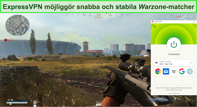 Sk&auml;rmdump av Call of Duty: Warzone som anv&auml;nder ExpressVPN amerikanska servrar