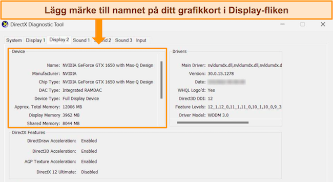 Sk&auml;rmdump av DirectX diagnostikverktyg, som markerar fliken Display som visar detaljer om grafikkortet.