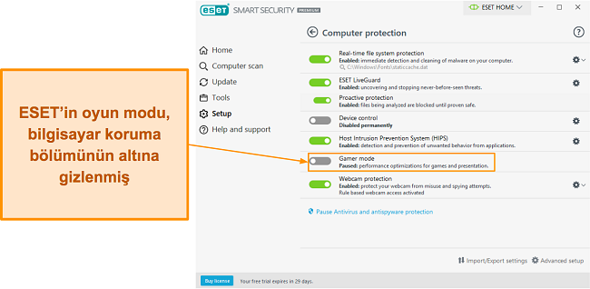 ESET'in bilgisayar koruma b&ouml;l&uuml;m&uuml;ndeki oyun modu ge&ccedil;işi