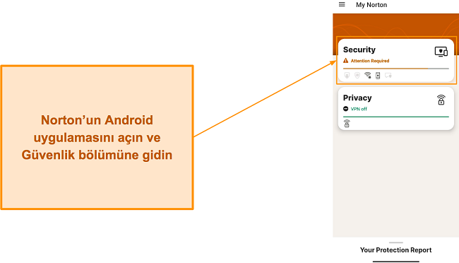 Norton'un Android uygulamasında G&uuml;venlik b&ouml;l&uuml;m&uuml;n&uuml; a&ccedil;ma