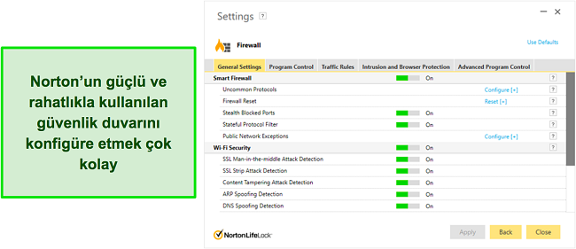 Norton'un sezgisel g&uuml;venlik duvarı ayarları