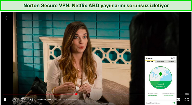 Norton Secure VPN'in Netflix ABD'de Schitt's Creek akışının ekran g&ouml;r&uuml;nt&uuml;s&uuml;