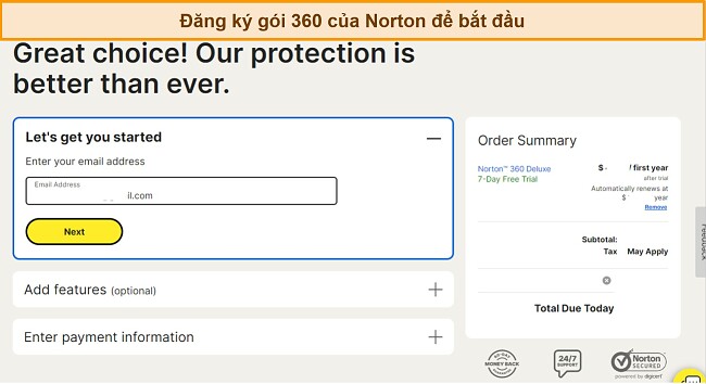 Ảnh chụp m&agrave;n h&igrave;nh trang đăng k&yacute; của Norton