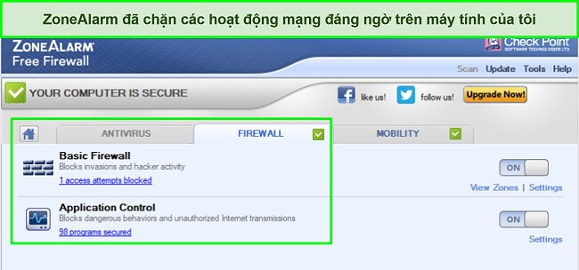 Ảnh chụp m&agrave;n h&igrave;nh giao diện tường lửa ZoneAlarm