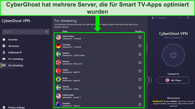 Screenshot der Windows-App von CyberGhost mit ge&ouml;ffnetem und hervorgehobenem optimiertem Streaming-Servermen&uuml;, um verschiedene Serveroptionen anzuzeigen