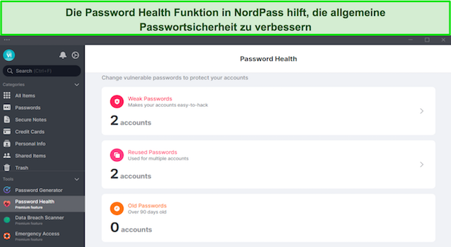 Screenshot der Passwortintegrit&auml;tsfunktion von NordPass