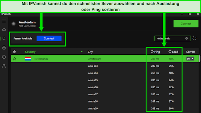 Screenshot der IPVanish-Oberfl&auml;che mit Echtzeit-Ping und -Last auf niederl&auml;ndischen Servern