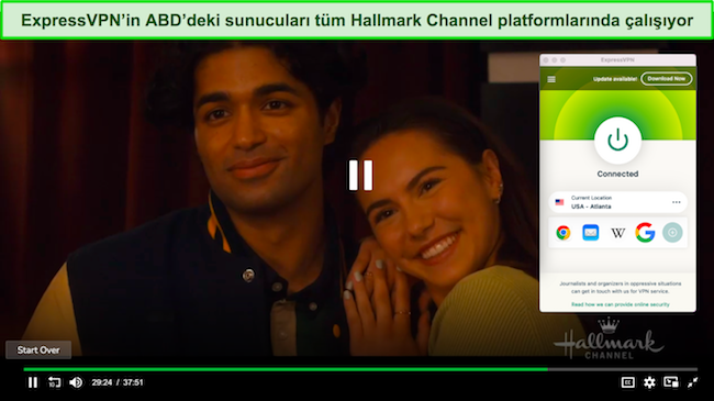 ExpressVPN ABD, Atlanta'daki bir sunucuya bağlıyken Frndly TV'deki Hallmark Kanalında oynayan The Way Home'un ekran g&ouml;r&uuml;nt&uuml;s&uuml;