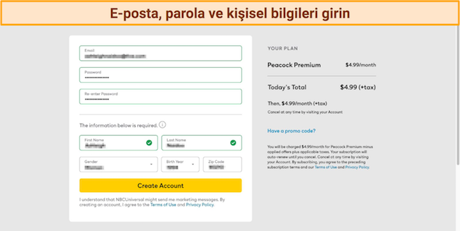 Peacock kişisel ayrıntılarının ve hesap oluşturma sayfasının ekran g&ouml;r&uuml;nt&uuml;s&uuml;