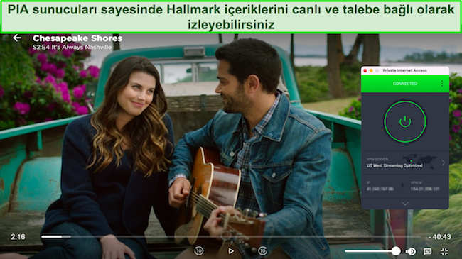 &Ouml;zel İnternet Erişimi ABD'nin batı kıyısındaki bir akış sunucusuna bağlıyken Hallmark Movies Now'da oynayan Chesapeake Shores'ın ekran g&ouml;r&uuml;nt&uuml;s&uuml;