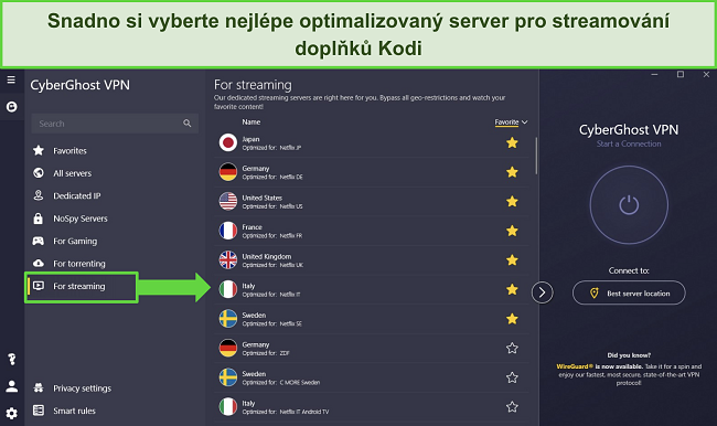 Sn&iacute;mek obrazovky aplikace CyberGhost pro Windows ukazuj&iacute;c&iacute; servery optimalizovan&eacute; 