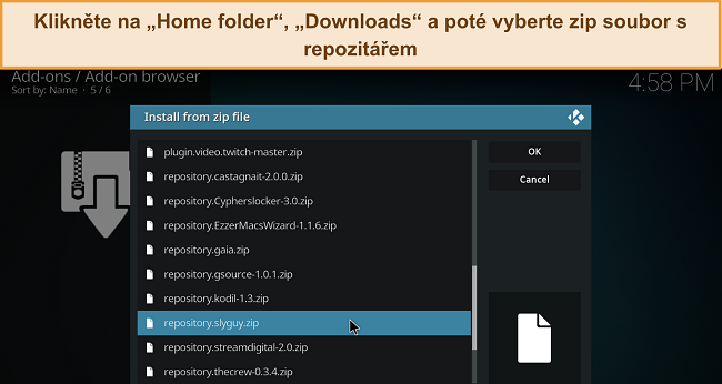 Sn&iacute;mek obrazovky menu Kodi pro instalaci ze zip souboru, s vyznačen&yacute;m stažen&yacute;m zip souborem repozit&aacute;ře.
