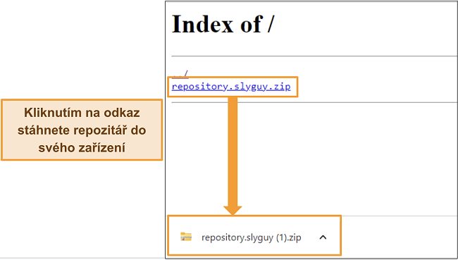 Sn&iacute;mek obrazovky s repozit&aacute;řem Slyguy, kter&yacute; se stahuje jako zip soubor z hostitelsk&eacute; webov&eacute; str&aacute;nky