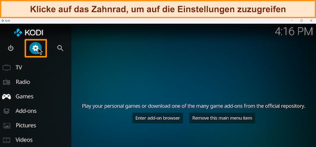 Screenshot der Benutzeroberfl&auml;che von Kodi und wo sich das Symbol &bdquo;Einstellungen&ldquo; befindet