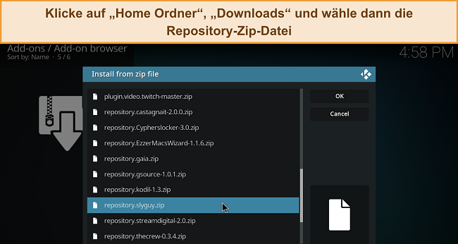 Screenshot des Kodi-Men&uuml;s 'Installieren aus Zip-Datei', mit hervorgehobener heruntergeladener Repository-Zip-Datei.