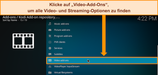 Screenshot mit der Option &bdquo;Video-Add-ons&ldquo; im offiziellen Kodi-Repository.