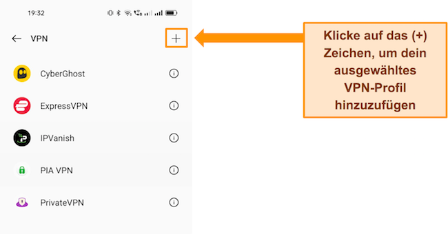 Screenshot mit Optionen zum Hinzuf&uuml;gen von VPN in den Android-Telefoneinstellungen