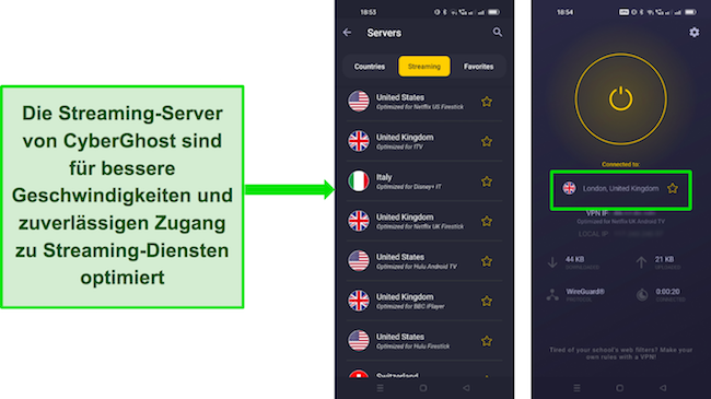 Screenshot der Android-Benutzeroberfl&auml;che von CyberGhost, der Streaming-optimierte Server zeigt