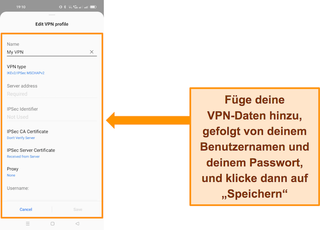 Screenshot, der zeigt, wie Sie Ihr VPN zu Ihrem Android-Ger&auml;t hinzuf&uuml;gen