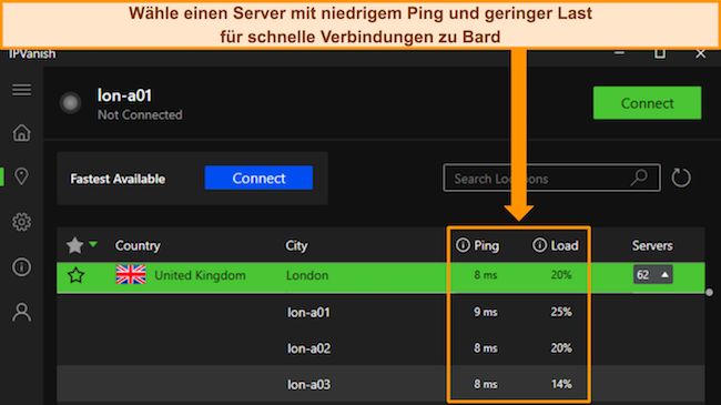Bild der Windows-App von IPVanish, das den Ping und die Benutzerlast f&uuml;r einzelne Server in Gro&szlig;britannien und London zeigt