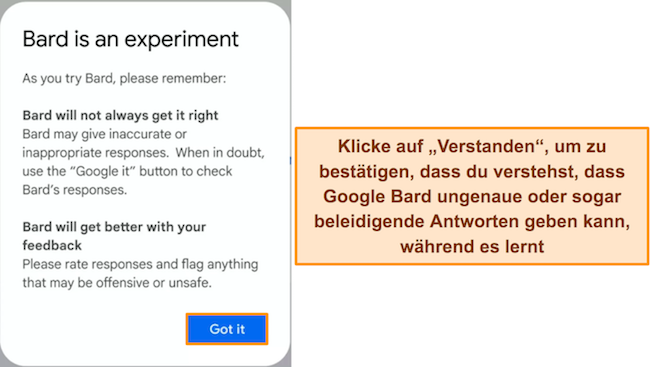 Bild des Warnhinweises von Google Bard, dass der Dienst experimentell ist und m&ouml;glicherweise falsche oder anst&ouml;&szlig;ige Antworten generiert