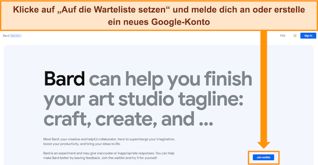 Screenshot des Anmeldebildschirms f&uuml;r die Google Bard-Warteliste