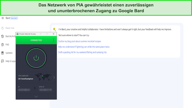 Bild von ge&ouml;ffnetem Google Bard, wobei PIA mit einem Server in Gro&szlig;britannien und Southampton verbunden ist