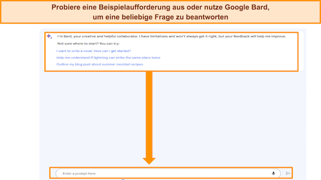 Screenshot von Google Bard mit hervorgehobenen Beispielaufforderungen sowie dem Feld &bdquo;Eingabeaufforderung hier eingeben&ldquo;.